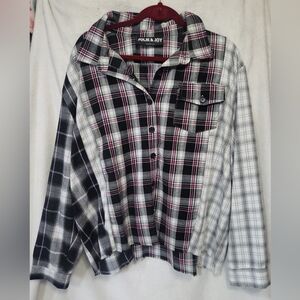 JOLIE & JOY black and white plaid button-down crop top with a contrasting plaid